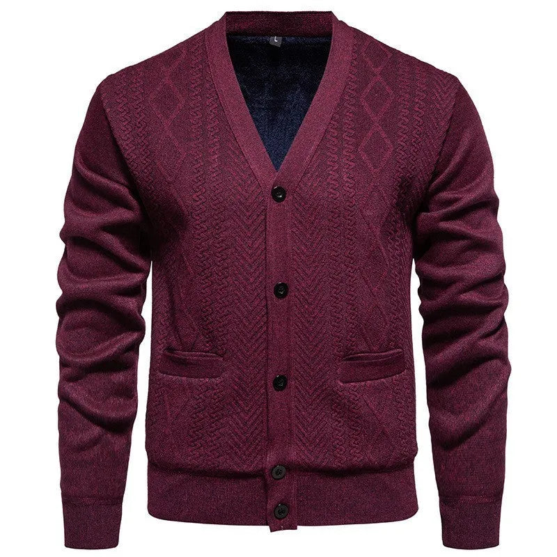 Men's striped cardigan sweater in plus sizes with wool lining for cold weather wear
