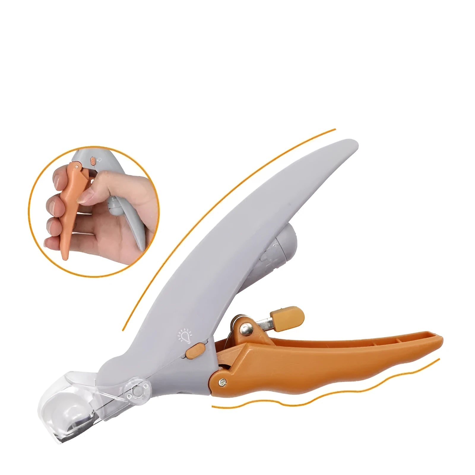 Yellow pet nail clipper with built-in LED light and magnifying lens for dogs and cats.