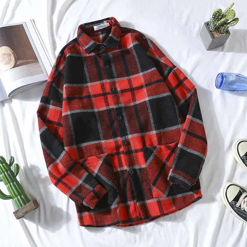Men's autumn brushed plaid shirt in loose fit cardigan style, available in red colour