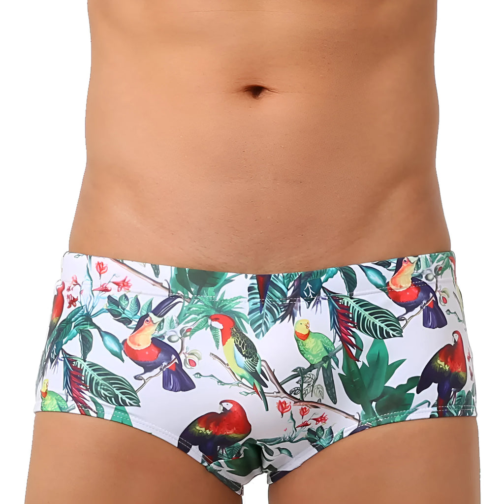 Men's floral and bird print nylon swimming trunks in boxer brief style.