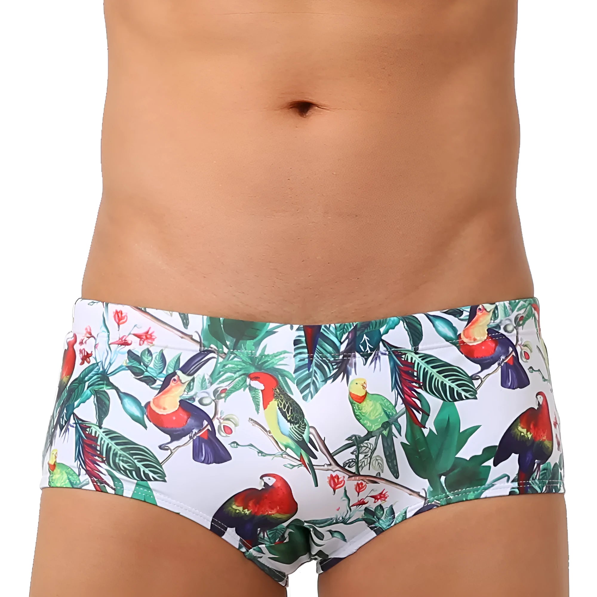 Men's floral and bird print nylon swimming trunks in boxer brief style.