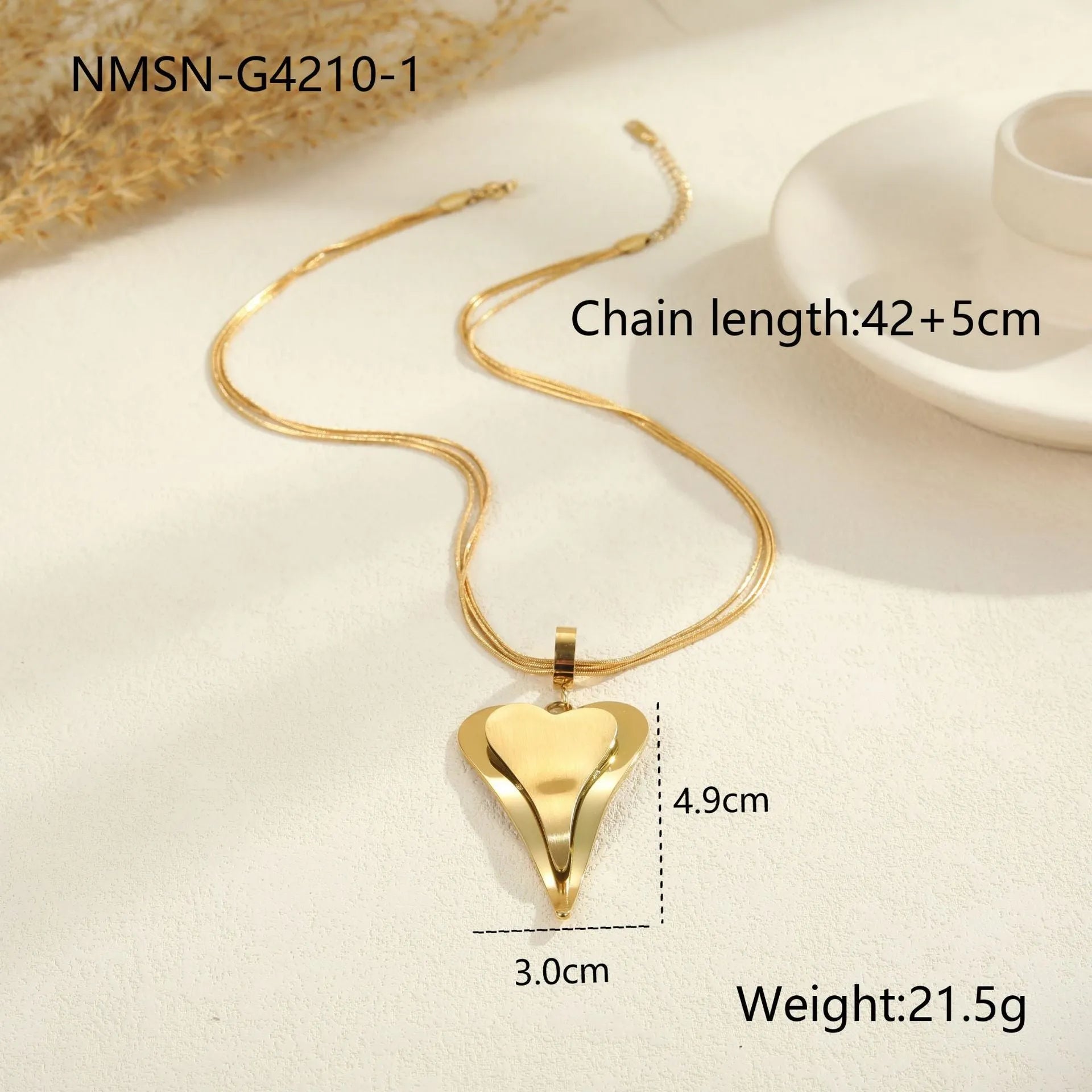 Stainless steel double heart snake bones chain necklace with geometric pendant in gold or steel electroplated finish