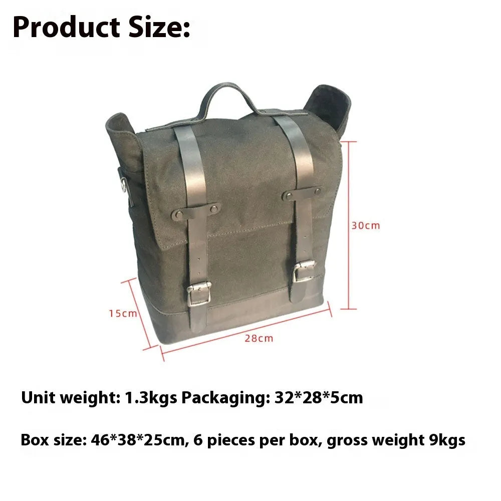 Waterproof canvas motorcycle side bag with cowhide reinforcement showing dimensions and colour options