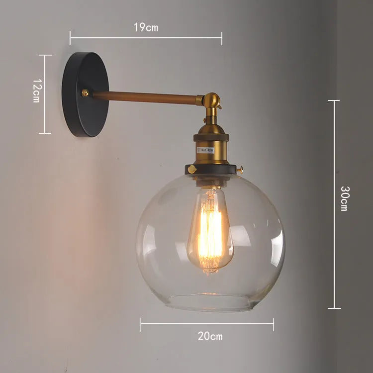 20cm round ball glass wall lamp with aluminium holder in amber, smoky grey or transparent