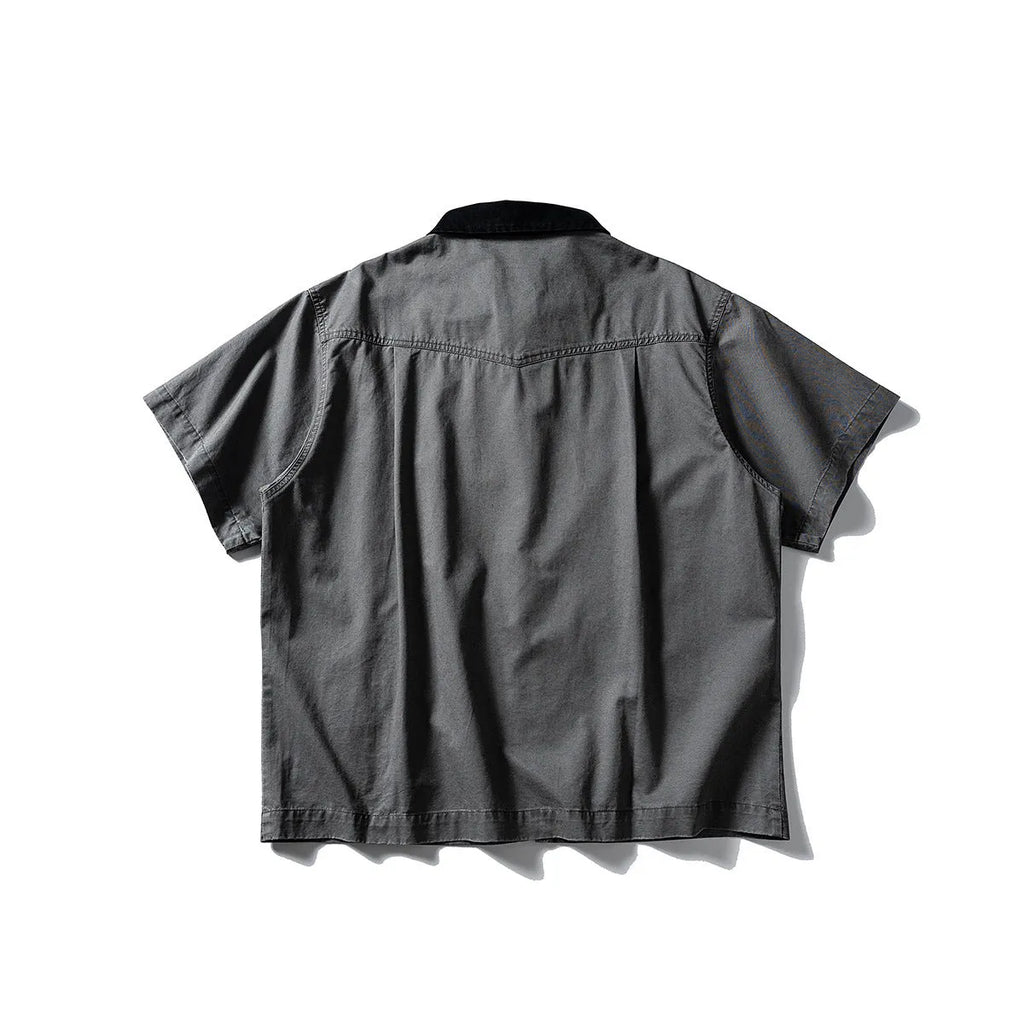 Men's khaki washed overalls cotton shirt with short sleeves in loose cardigan style