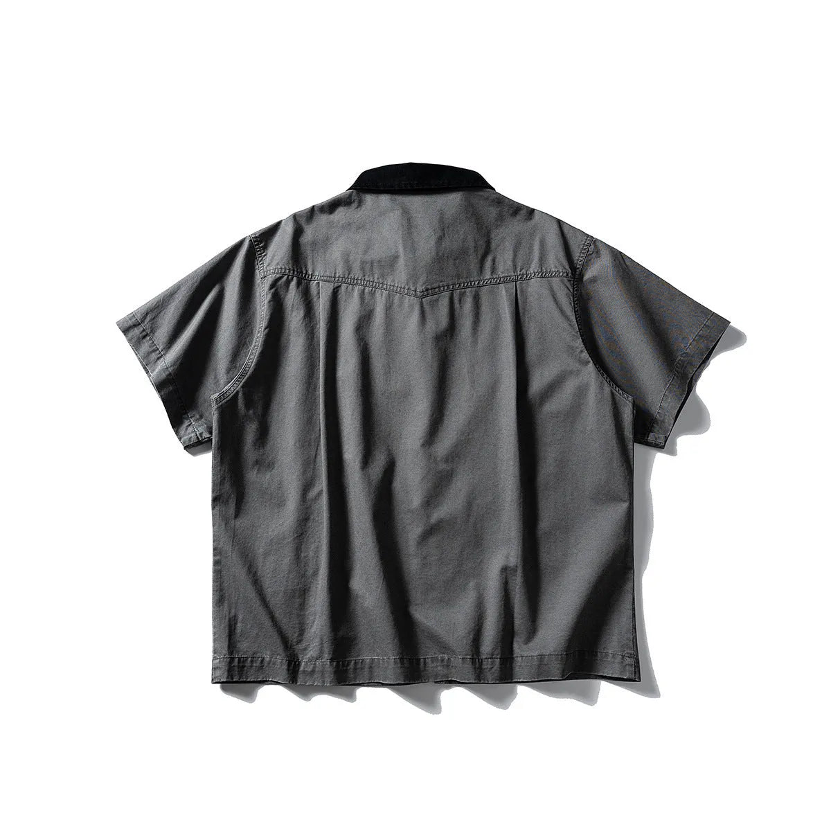 Men's khaki washed overalls cotton shirt with short sleeves in loose cardigan style