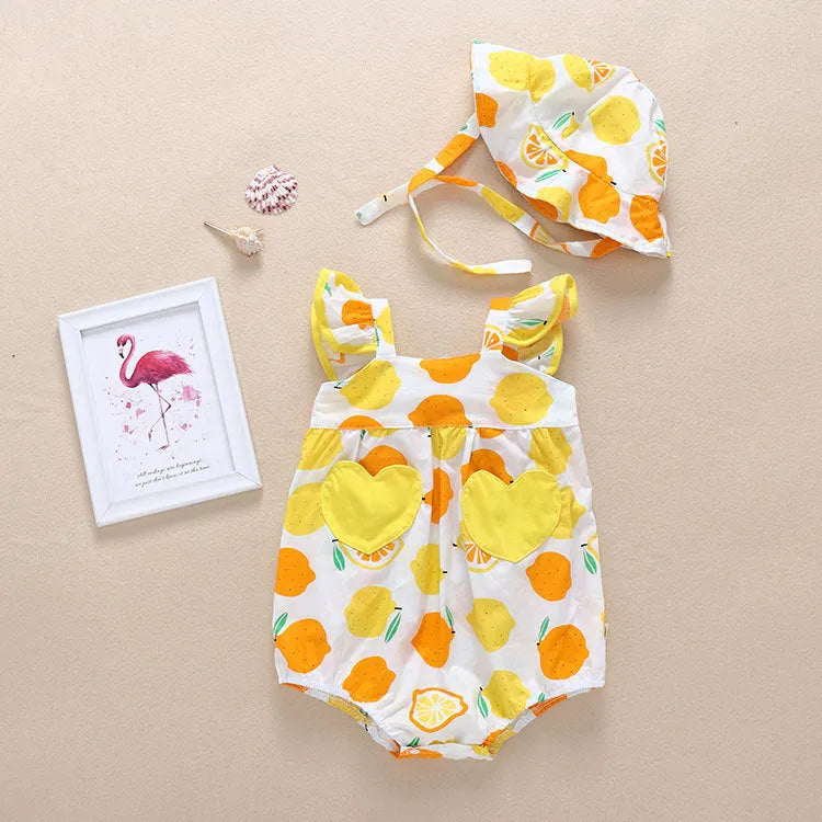 Cotton summer baby romper triangle jumpsuit in yellow with removable hat on white background