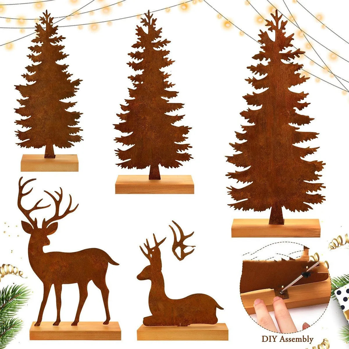 Set of three rustic iron Christmas tree and elk ornaments for holiday decor.