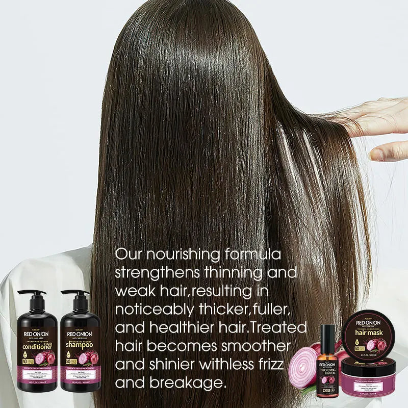 Red onion shampoo and conditioner 4-piece set including 500ml bottles, 250ml hair mask, and 50ml essential oil.