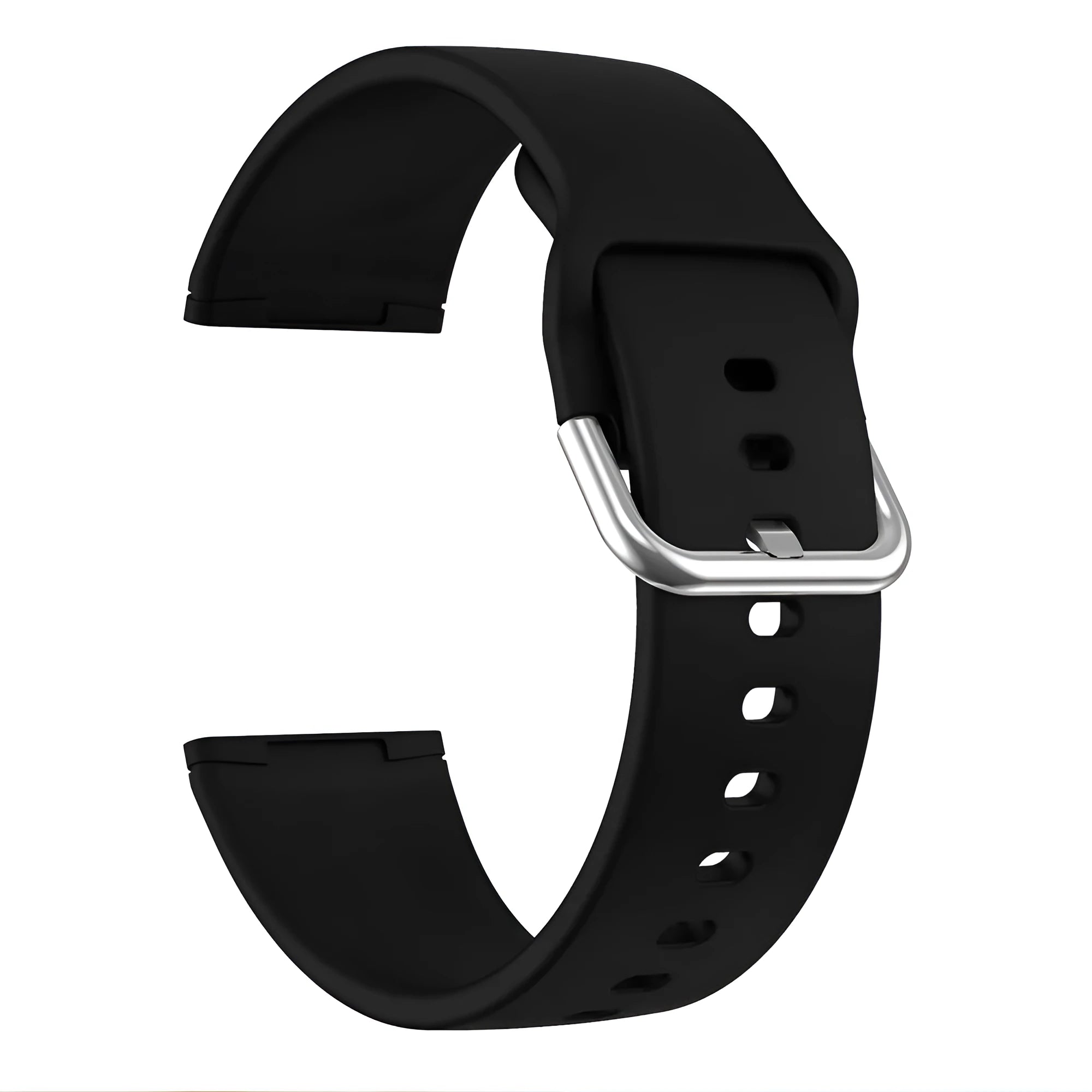 Silicone replacement strap with silver buckle for Fitbit Versa 3 and Sense 2 in multiple solid colours.