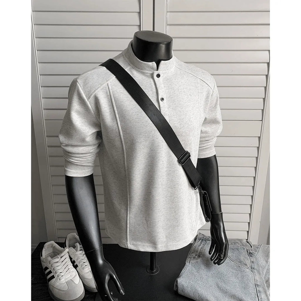 Men's asymmetric patchwork stand-up collar long sleeve cotton polo shirt in loose fit