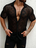 Men's black lace transparent short-sleeved cardigan shirt in polyester, front view, summer fashion style