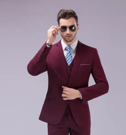Men's single-breasted flat collar business suit set in dark blue with jacket and trousers on display