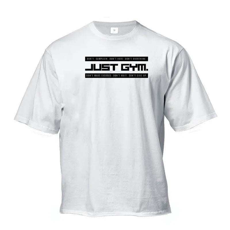 Five-point sleeve cotton bodybuilding sports t-shirt in black, round neck, front view