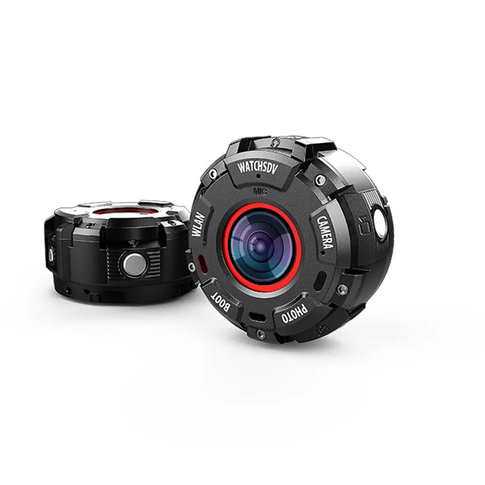 Black waterproof sports digital camera showing front view with dimensions.