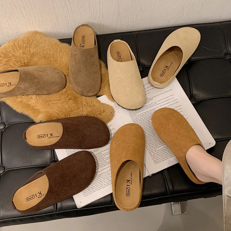 Korean style square toe slippers in apricot, khaki, camel, and brown colours on a soft microfibre upper with PU sole.