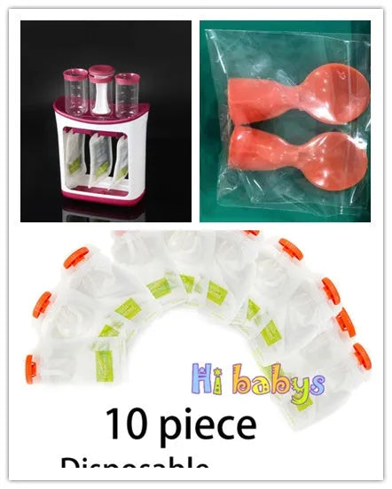 Baby food Squeeze Station machine with 4oz pouches and spoons on a table