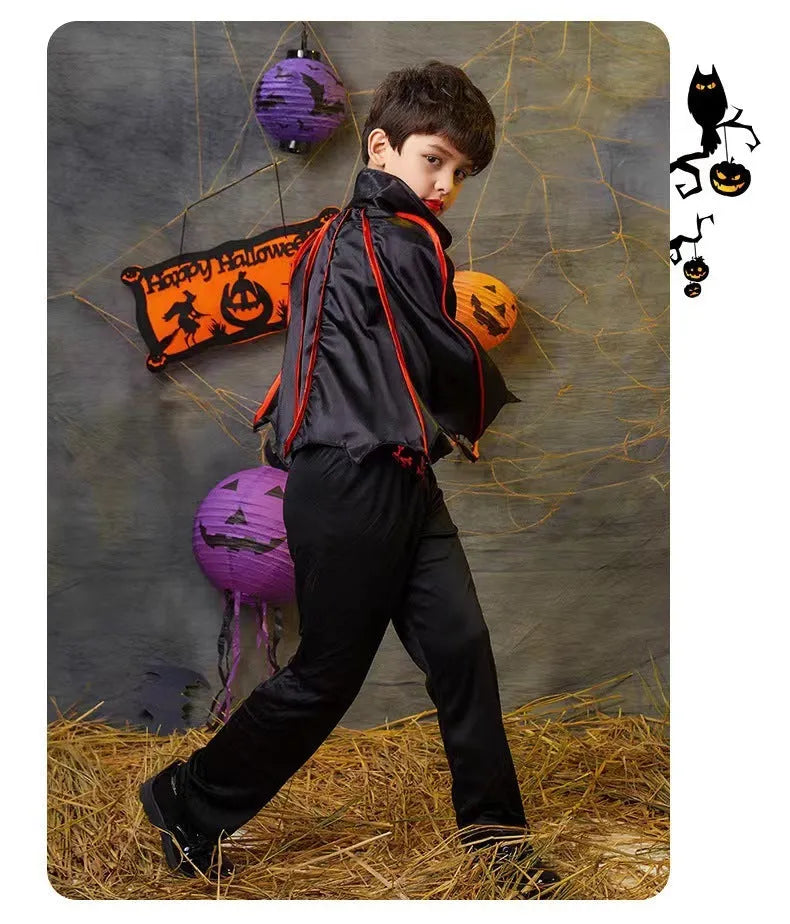 Unisex children's Halloween witch costume suit with cape and free headdress, polyester blend fabric, available in sizes 90-170cm