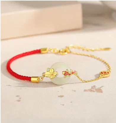 925 silver koi safety buckle bracelet with peace buckle and red rope detailing