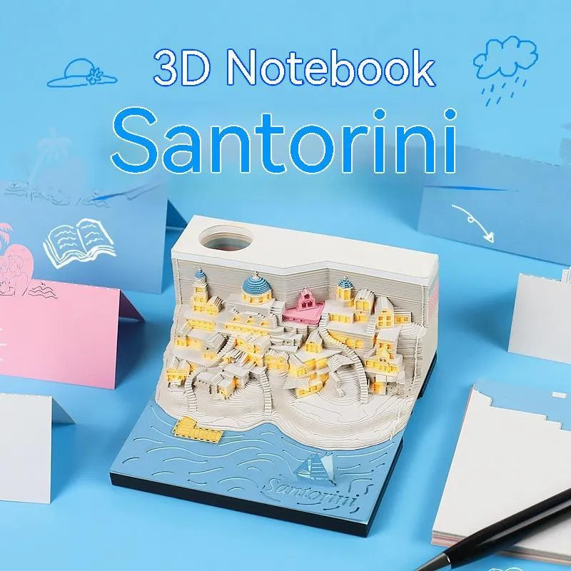 Romantic Santorini 3D notepad paper carving decoration 9x9x5cm 166 pages