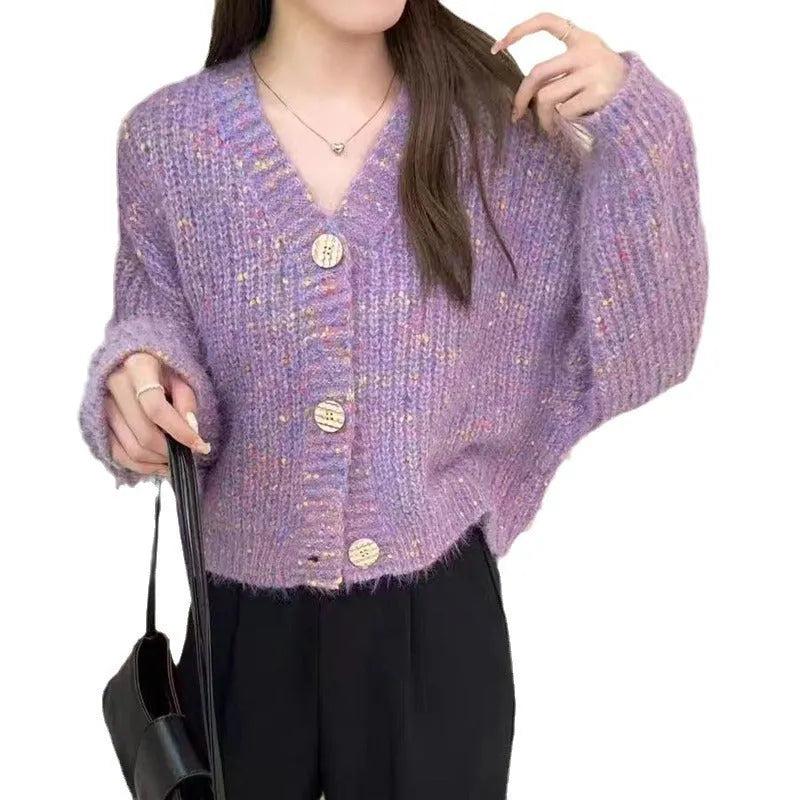 Vintage coloured dot short loose knitted cardigan sweater in purple black beige polyester long sleeve free size