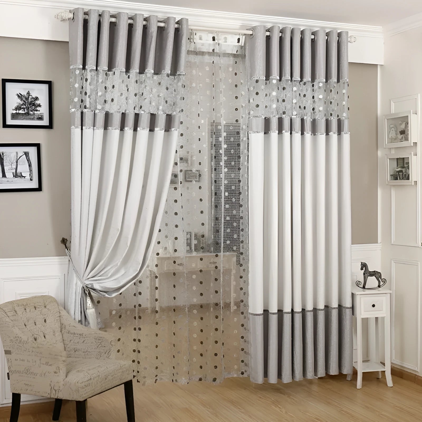 Single blackout curtain panel showing hook heading style with blackout lining visible at edge