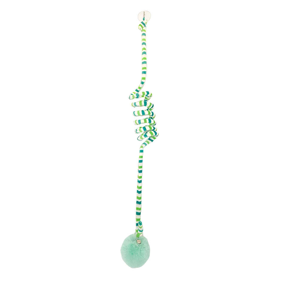Colourful spring cat toy with hanging bell stick and inflatable ball, shown with a white suction cup.