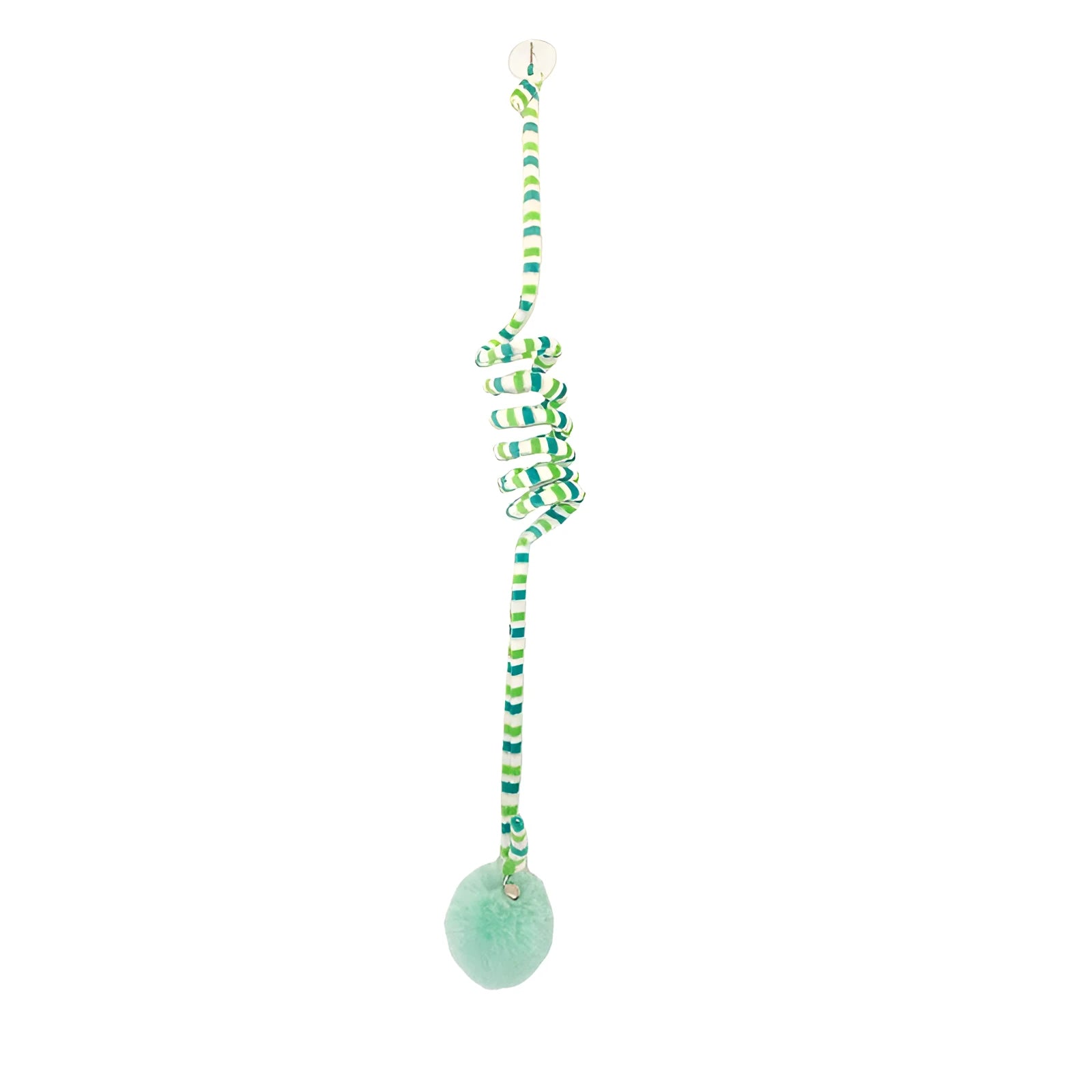 Colourful spring cat toy with hanging bell stick and inflatable ball, shown with a white suction cup.