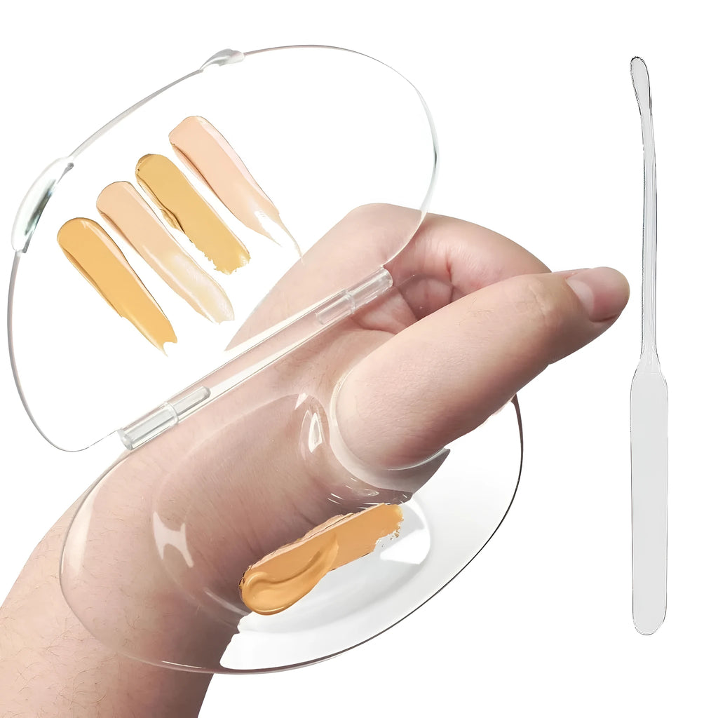 Transparent acrylic makeup mixing palette with groove and colour test areas for foundation and nail polish