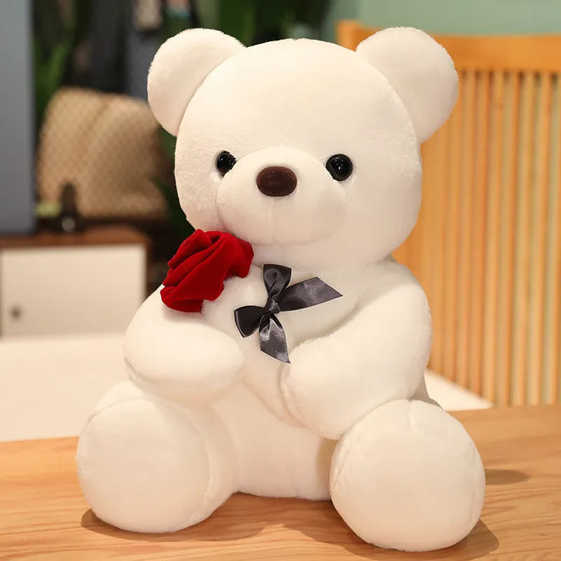 Rose bear plush pillow stuffed animal doll in beige, brown or grey with clear cartoon printing