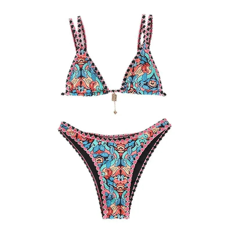 Retro floral print women's bikini swimwear in polyester available in four colours