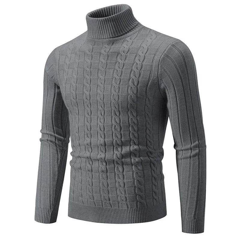 Men's slim twist turtleneck pullover sweater in chenille fabric displayed in multiple colour options