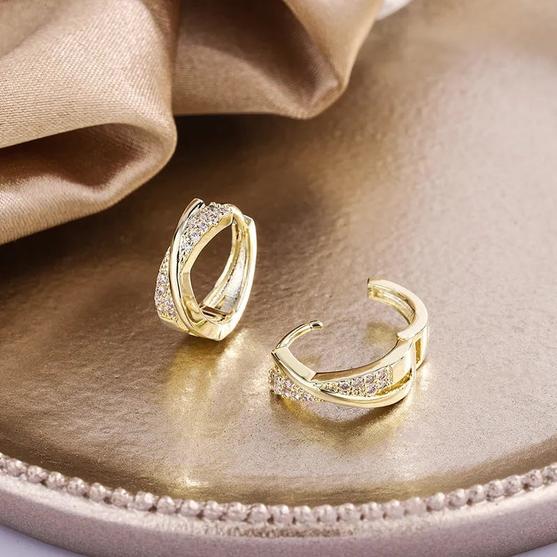 Geometric copper earrings with 14K yellow finish and zircon treatment
