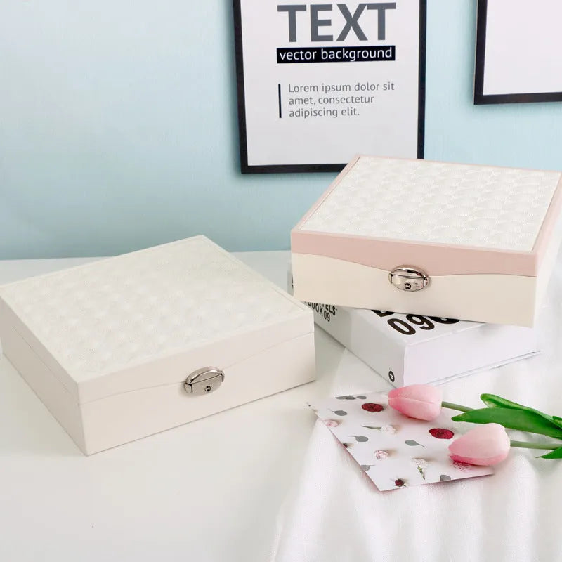 Red or white PU leather jewellery storage box with large capacity for necklace and ring organisation