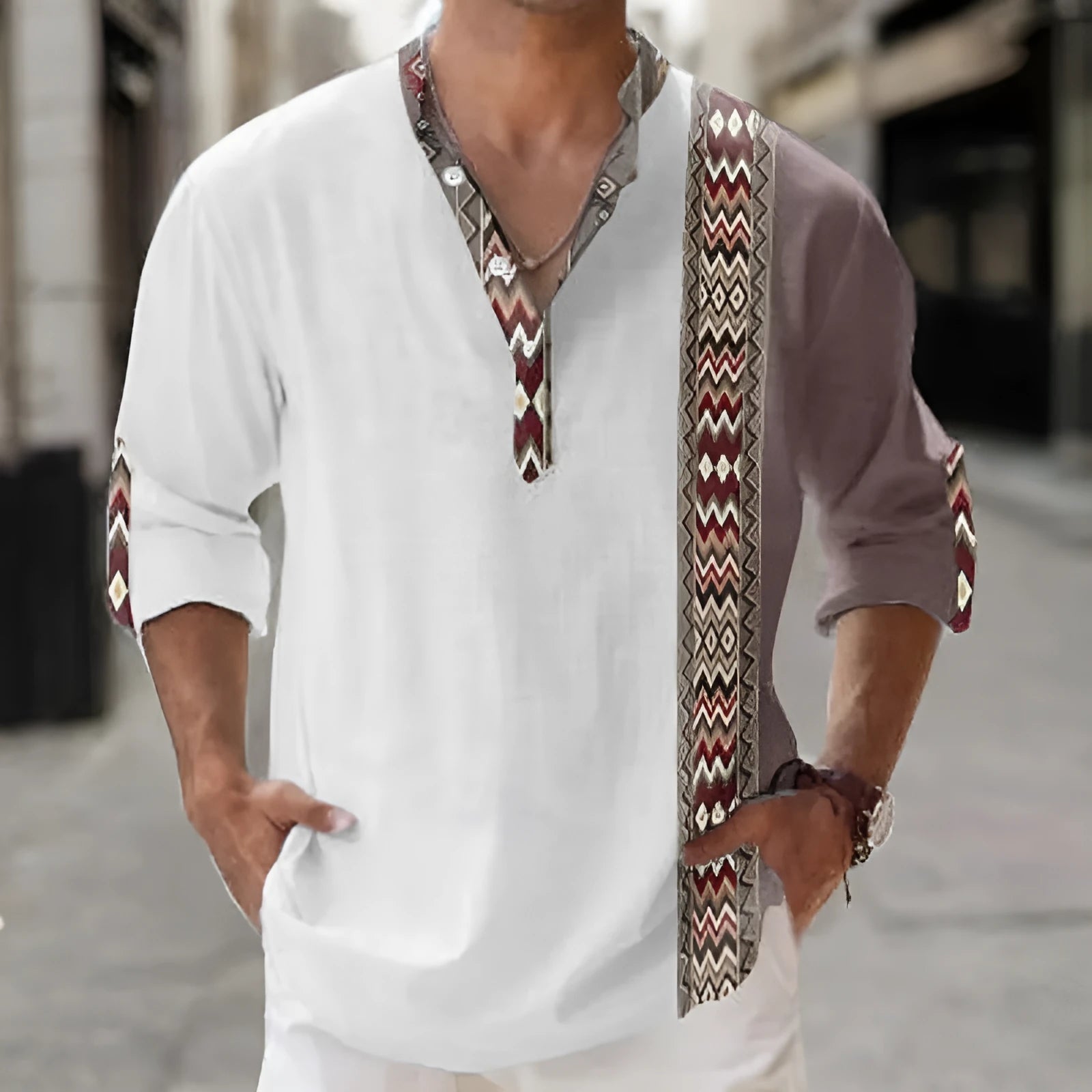 Thin striped long sleeve Hawaiian-style shirt in a digital bamboo linen pattern.