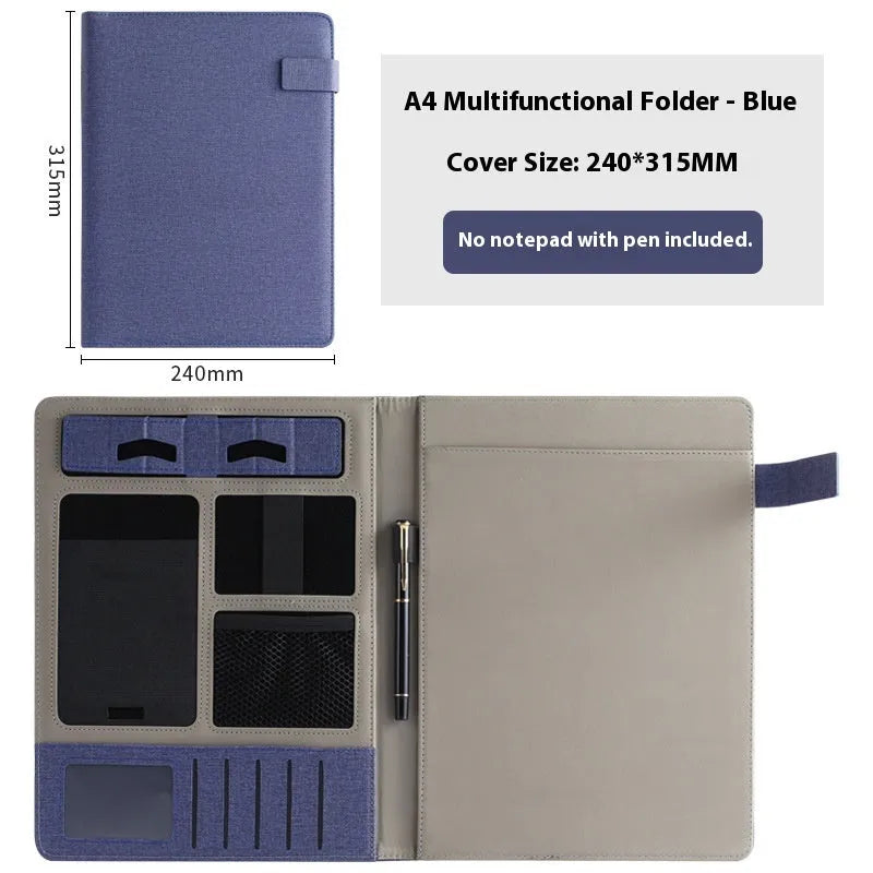 Leather A4 business folder in black showing document, pen, and notepad compartments