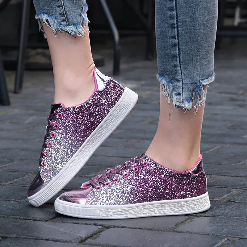 Women's colourful sequins casual low-top shoes with PU upper, leather lining, round toe, front lace-up, black gold pink options, sizes 36-41