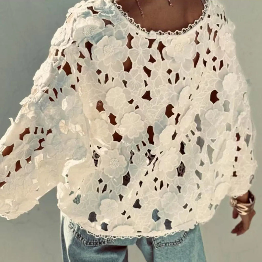 Women's loose fit polyester lace cardigan with V-neck and three-dimensional lace flower decoration.