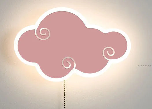 White cloud-shaped children's wall lamp with acrylic cover mounted on a bedroom wall.