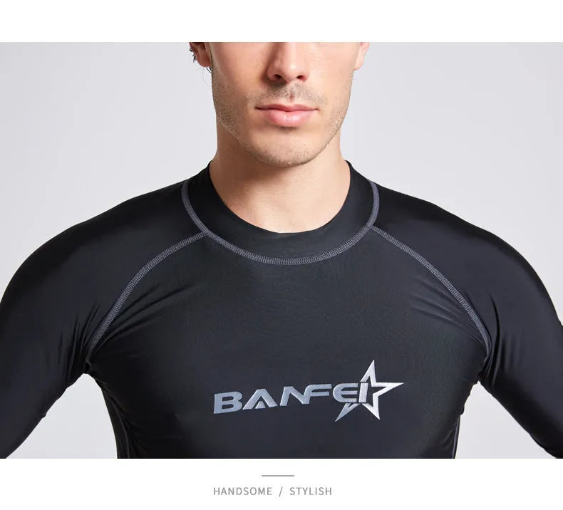 Men's navy blue quick-dry nylon swimsuit set with half sleeves and long swim pants