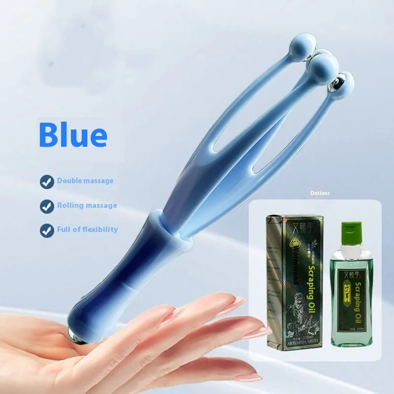 Blue and white finger massager roller with chrome steel balls for hand therapy