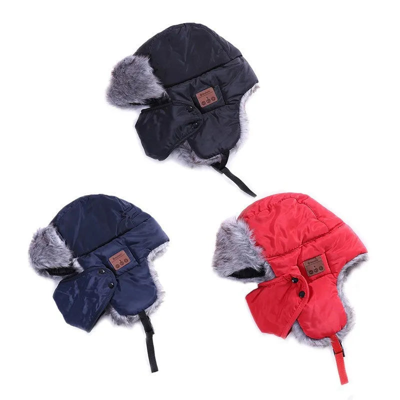 Bluetooth bomber hat in black with acrylic and plush fabric, showing built-in audio controls
