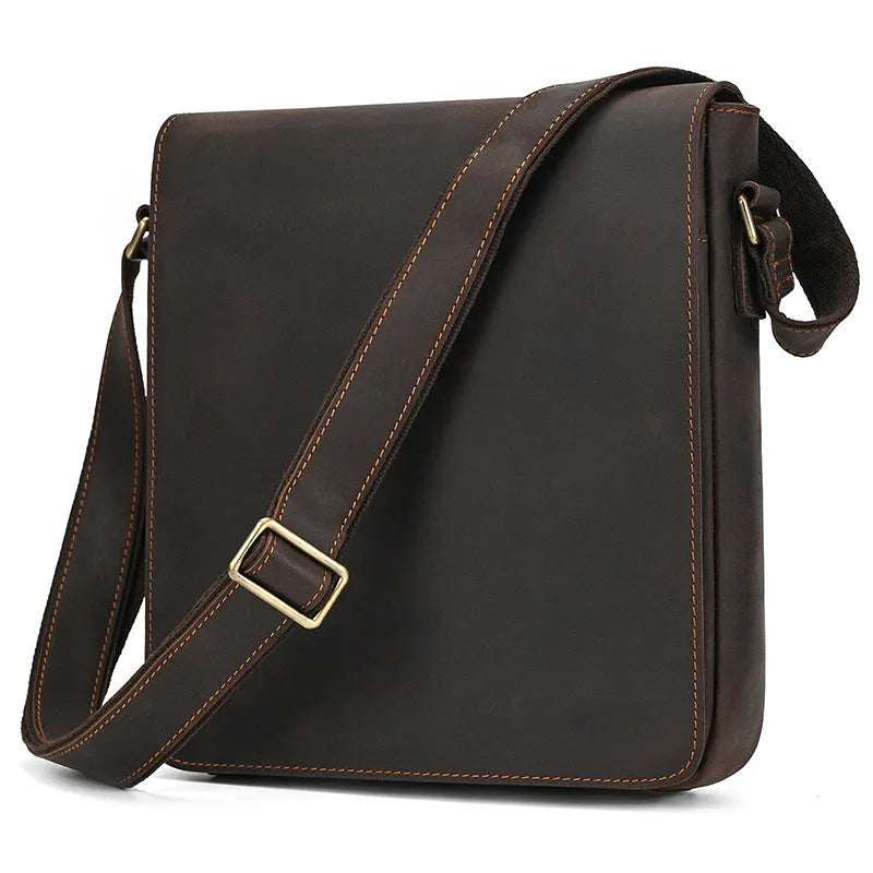 Men's dark brown Crazy Horse leather crossbody bag with visible stitching, shown holding A4 documents.