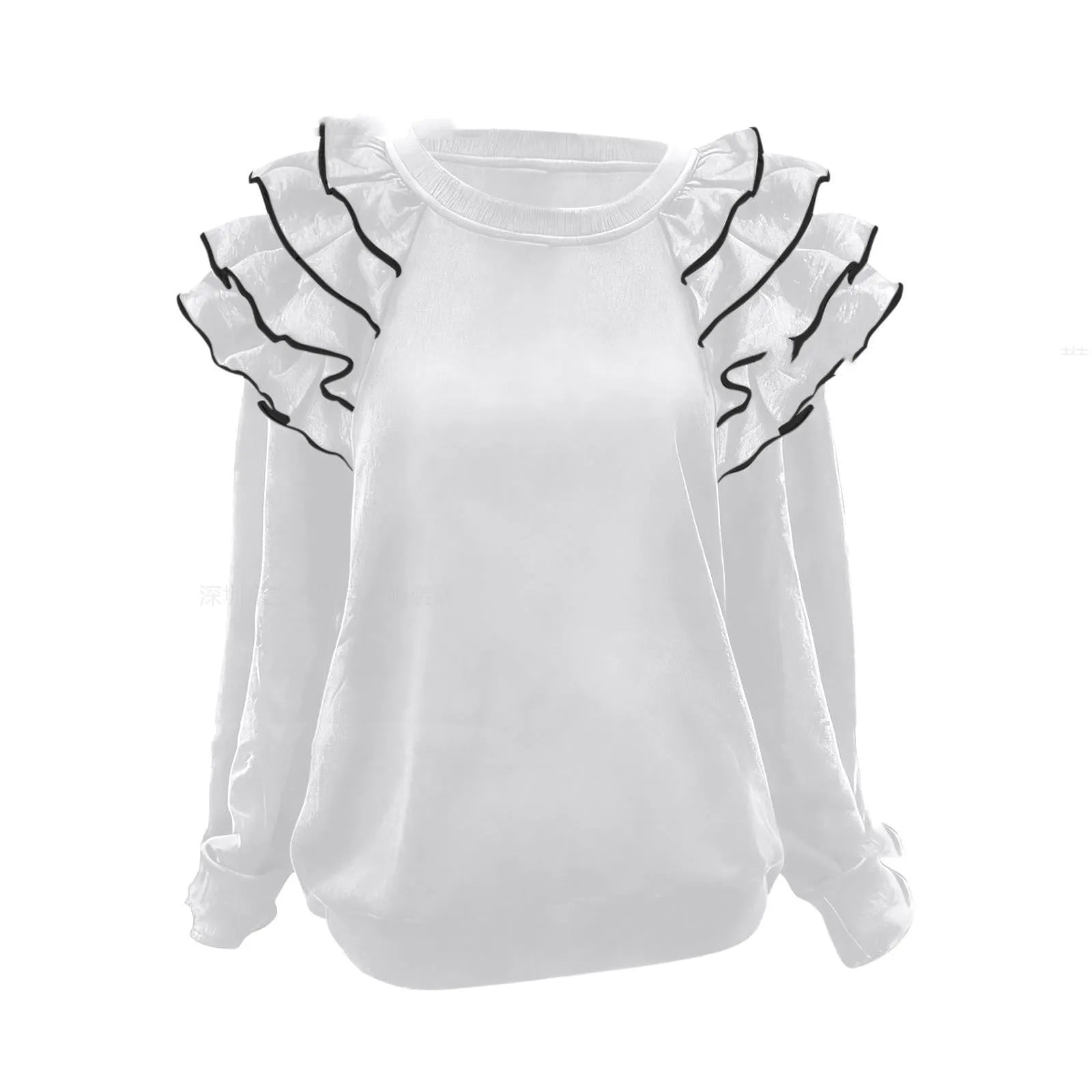 Women's polyester ruffle top in military green pullover style with regular sleeves