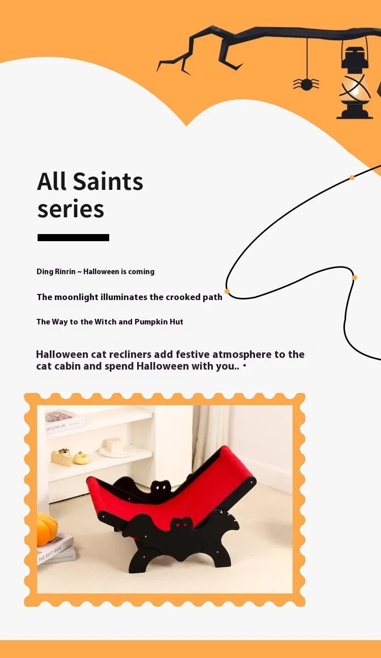 Wooden cat lounge chair with scratching posts and cage enclosure featuring a Halloween bat design in black and red.