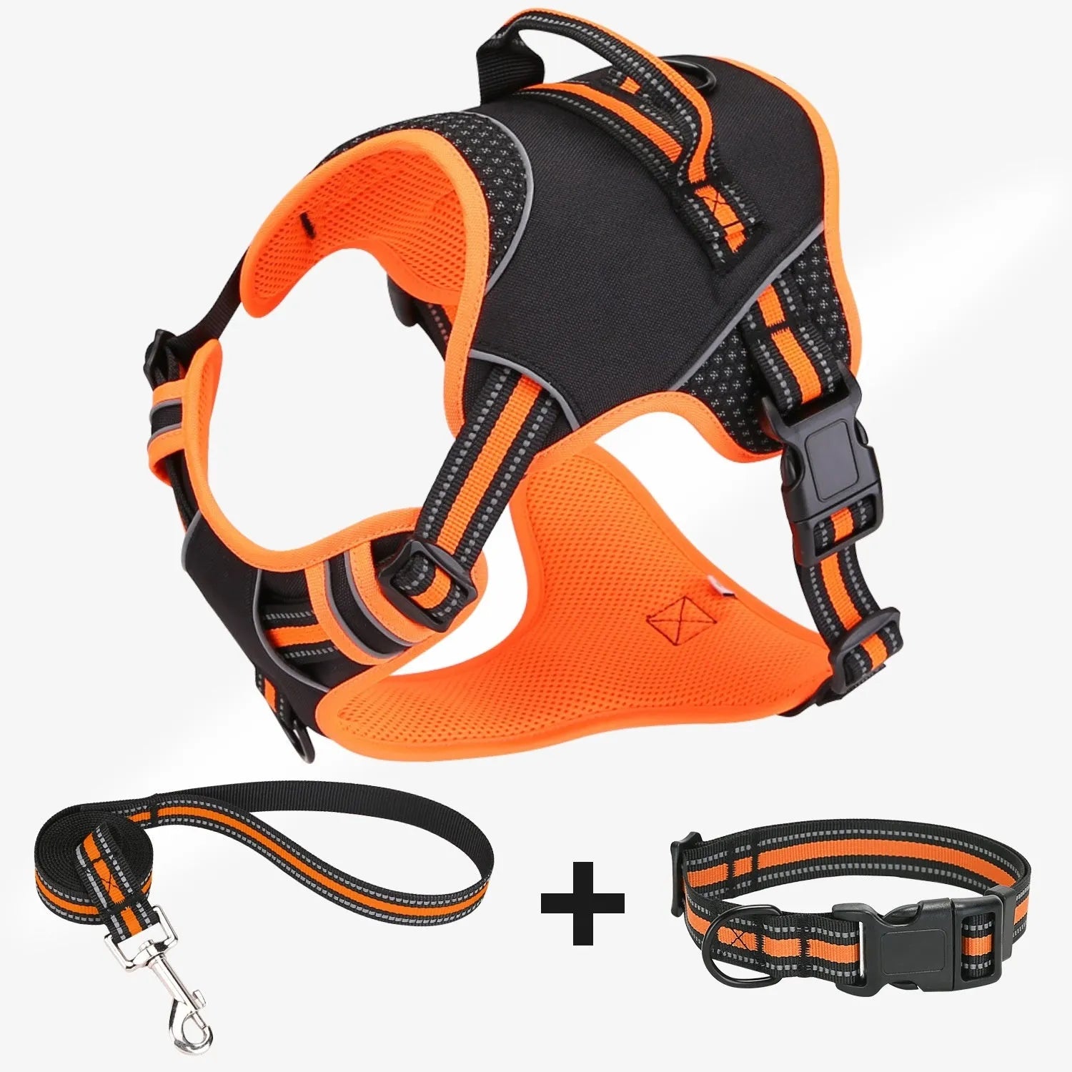 Yellow and orange polyester dog harness and lead set with anti-breaking strap on grass.