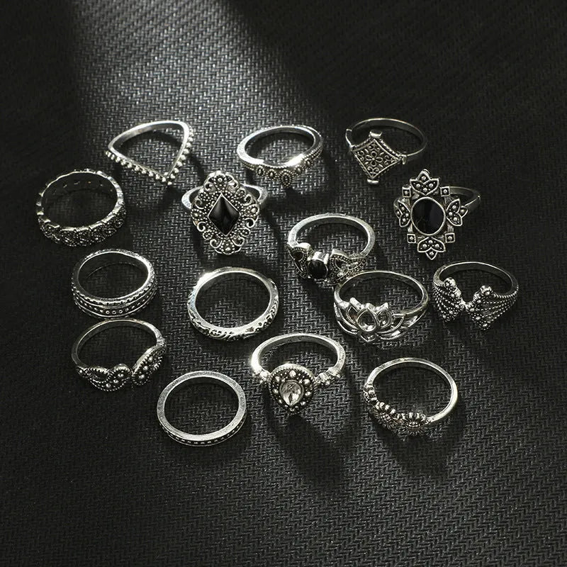 Bohemian retro crystal flower and lotus ring set for women, alloy with gems, silver tone, on display