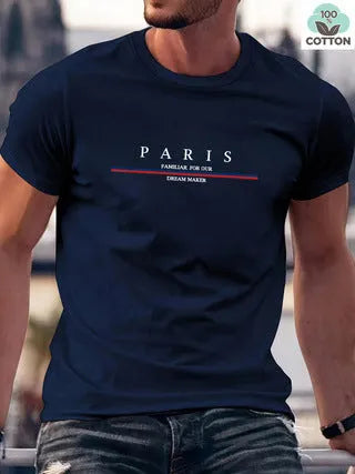 Men's white short-sleeved t-shirt with black letter print design on pure cotton fabric