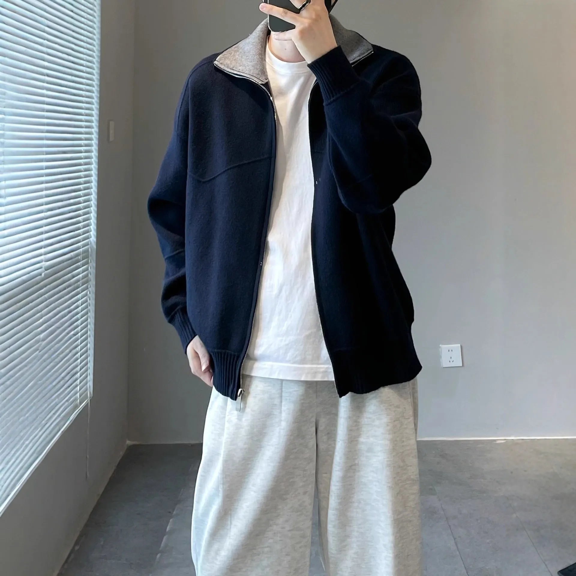 Barne style men's knitted cardigan sweater in apricot with contrast colour panels, loose fit, long sleeves, autumn casual wear