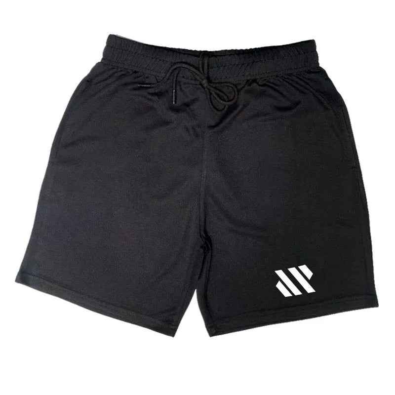 Men's loose black metal silk polyester sports shorts for running, laid flat.